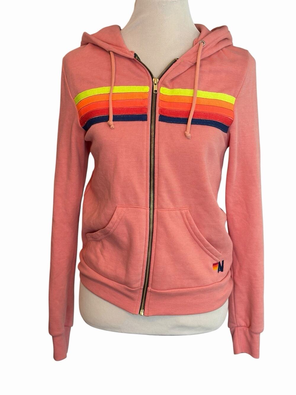 Aviator Nation 5 Stripe Full Zip Hoodie •Women S• Neon Blush Pink